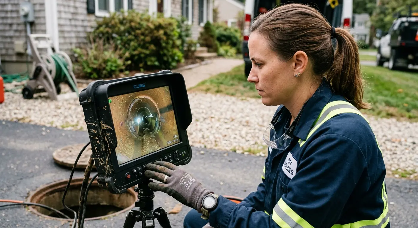 Technician reviewing sewer camera inspection footage in Steelton
