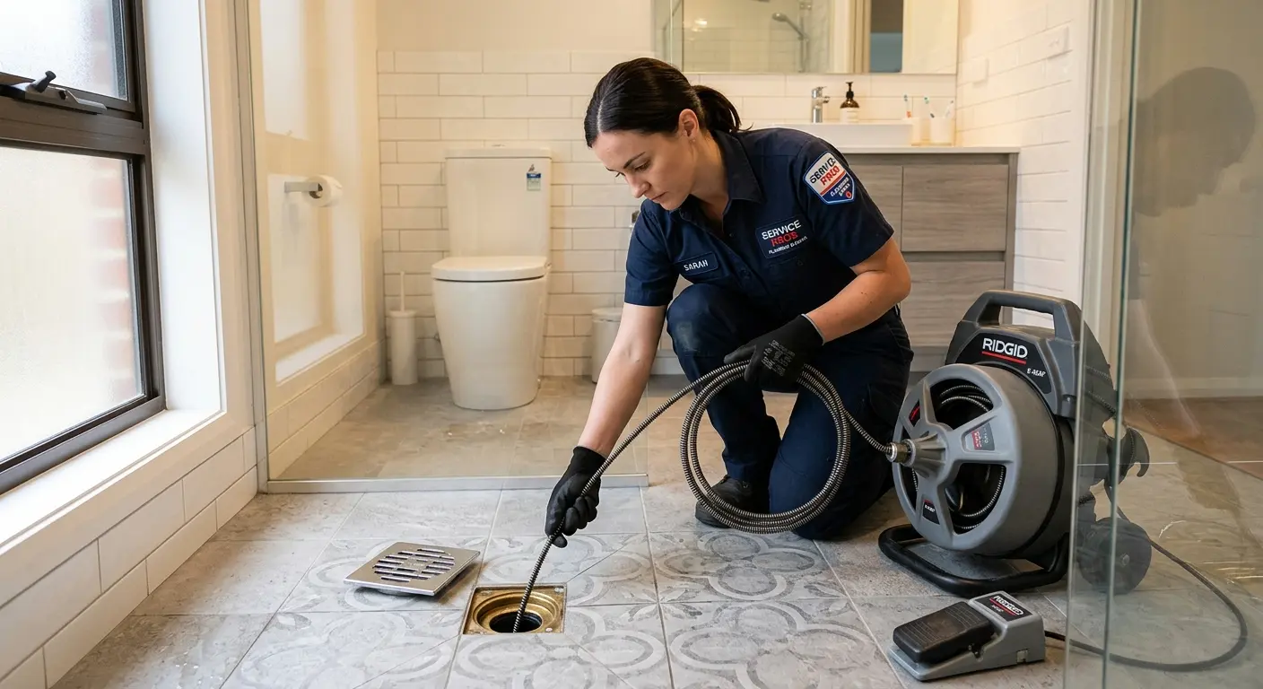 Technician clearing a bathroom floor drain for Drain Repair in Steelton